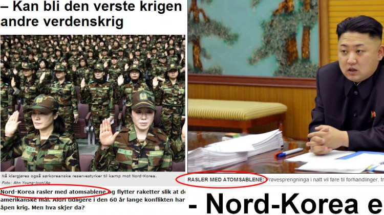 Nord-Koreas atomsabler omtalt i de store mediene (Screenshot fra NRK og Dagbladet).