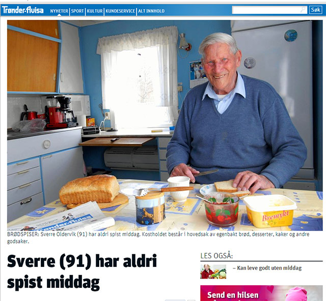 Sverre (91) har aldri spist middag (skjermdump fra Trønder-Avisa). 