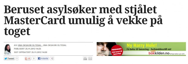 Beruset asylsøker med stjålet MasterCard umulig å vekke på toget (skjermdump fra Østlandets Blad).