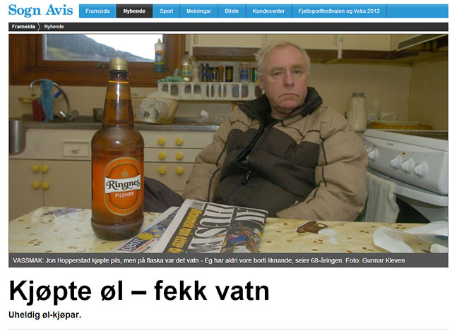 Kjøpte øl - fekk vatn (skjermdump fra Sogn Avis).