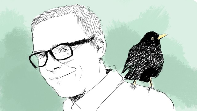Yngve Hustad Reite med en liten svarttrost (hans favorittfugl) på skulderen. Illustrasjon: Mattis Folkestad / NRK P3