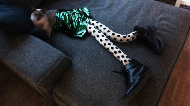En katt med tights. Foto; skjermdump / sadanduseless.com